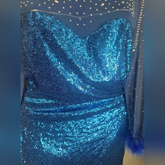 Sequin Mesh Long Sleeves Paillette Beaded Bodycon Blue Nightclub Dress Sz M #NEW - Picture 6 of 10